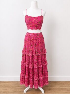 NWT Caroline Constas Pink Floral Crop Top & Skirt Set Size S Designer